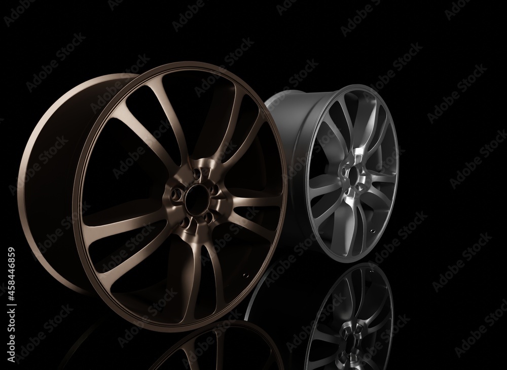 Close up dark gold with silver alloy wheel on a black scene 3D rendering vehicle part wallpaper backgrounds