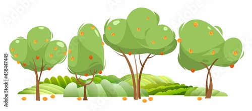 Garden and rolling hills. Rural landscape with fruit apricot trees and farmer hills. Cute funny cartoon design illustration. Flat style. Isolated on white. Vector.