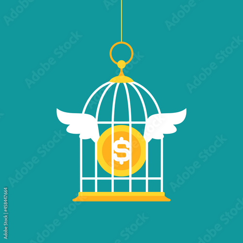 Locked golden bird cage and golden dollar coin with wings. Trap, imprisonment, jail concept.