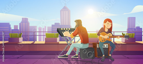 Singer woman playing guitar on building roof perform live music. Girl artist singing song, man playing synthesizer accompany musical composition, rooftop performance, Cartoon vector illustration