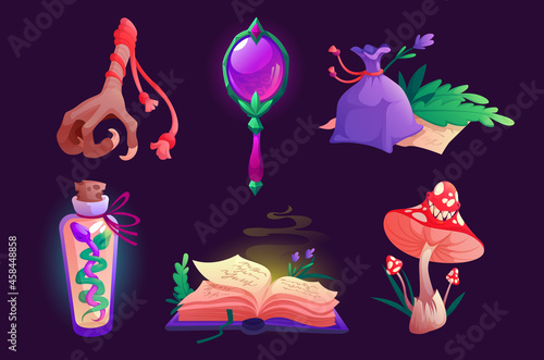 Witch items magic mirror, spell book, bird foot and sack with dry herbs, fly agaric mushroom, bottle with snake. Assets elements for game, isolated wizard stuff, Cartoon vector illustration, icons set