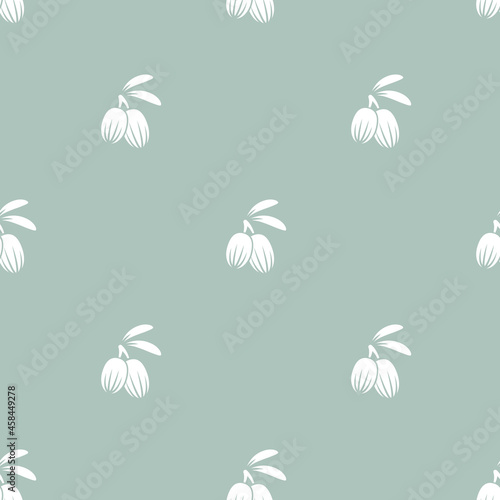 Shea nut seamless pattern on powder blue background. vitellaria beauty and cosmetics ornament.