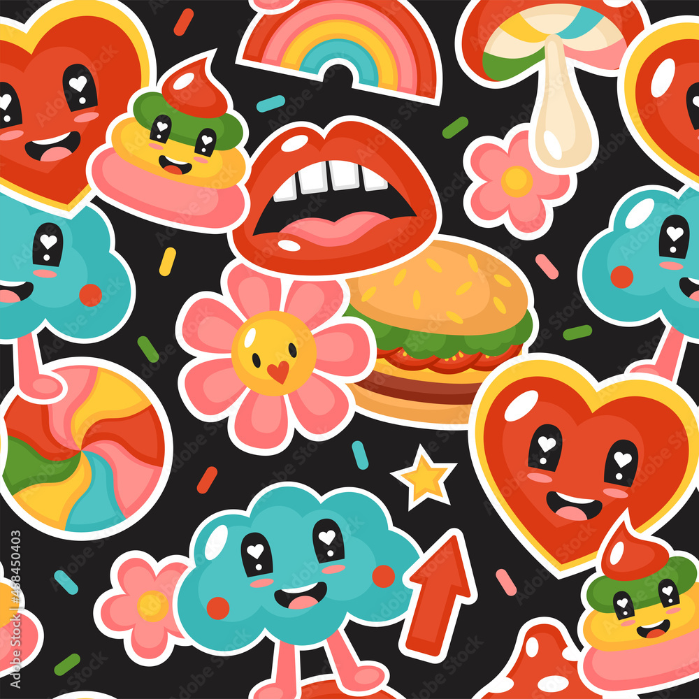 Seamless pattern background with cute comic stickers. Cartoon characters design for banners, posters and cards