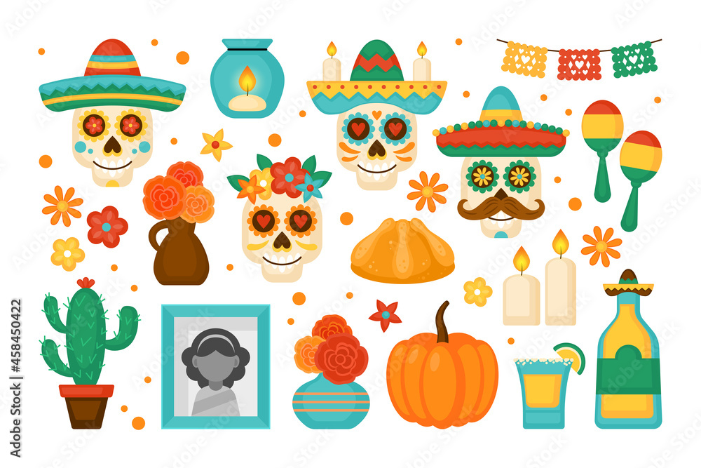 Day of the dead Dia de los Muertos Mexican holiday elements set. Greeting card, poster and banner template design