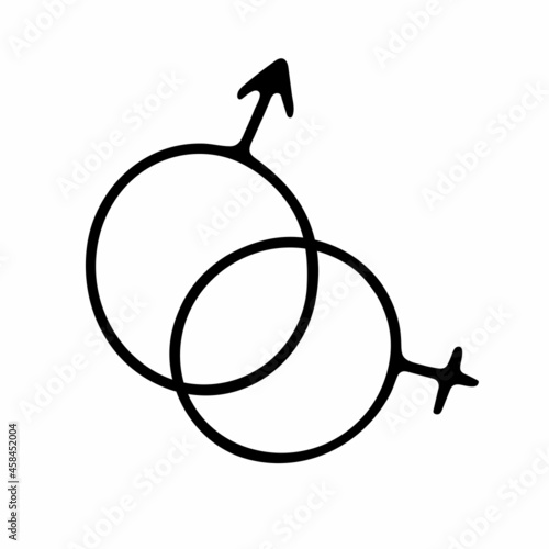 Doodle gender symbol. Crossed symbols of Venus, Mars. Outline sketch female, male, heterosexual couple sign on white background. Woman Man love combination. Relationship icon. Vector line illustration