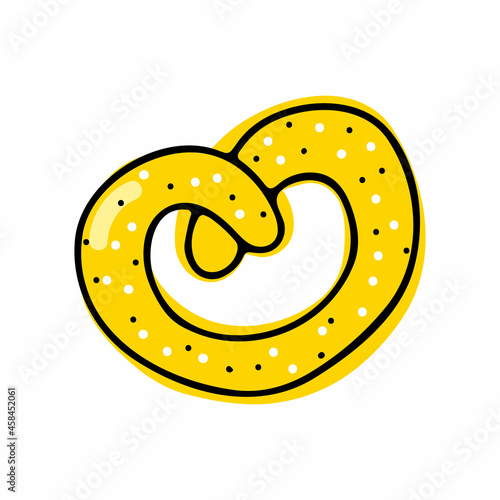 Doodle pretzel swirling in the shape of a heart. Hand-drawn outline bakery isolated on white background. Cookie sign of love, Valentines Day, Oktoberfest, celebration, No diet day. Vector illustration