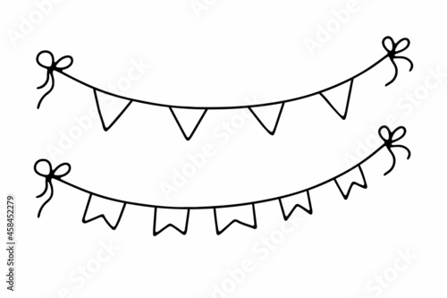 Doodle decorative Garlands set. Hand-drawn festoon isolated on white background. Outline festive decoration with triangular flags, ribbons, bows. Vector illustration for a holiday, birthday, wedding