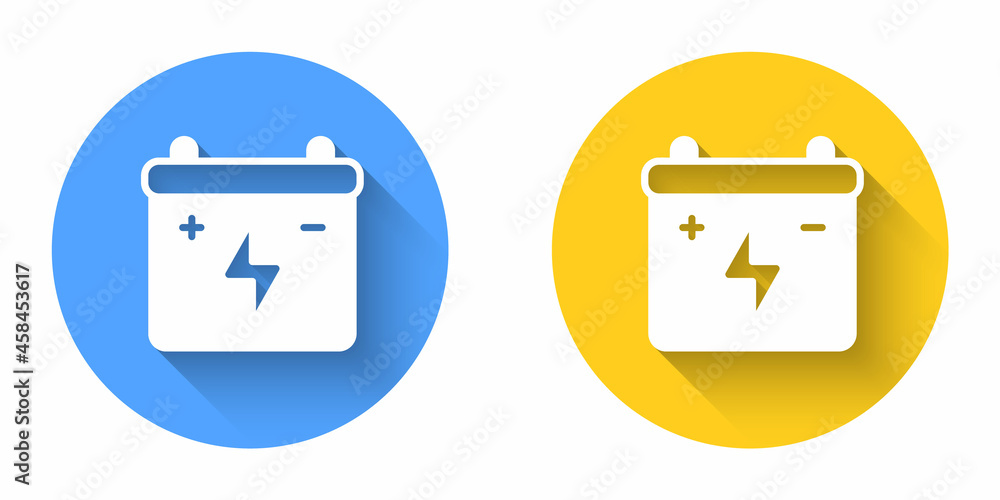 White Car battery icon isolated with long shadow background. Accumulator battery energy power and electricity accumulator battery. Circle button. Vector White Car battery icon isolated with long shadow background. Accumulator battery energy power and electricity accumulator battery. Circle button. Vector