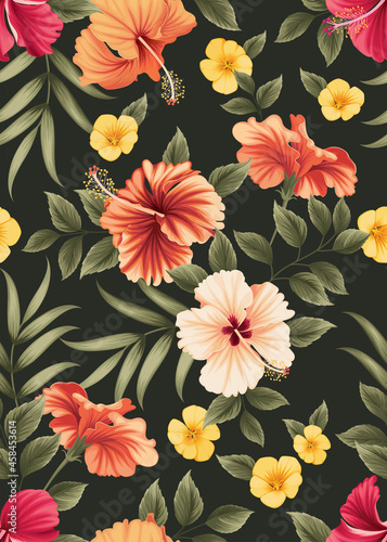 Seamless pattern of hibiscus flowers and palm leaf background template. Vector set of floral element for tropical print, wedding invitations, greeting card, brochure, banners and fashion design.