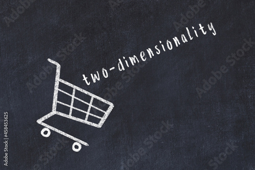 Fotografía Chalk drawing of shopping cart and word two-dimensionality on black chalboard