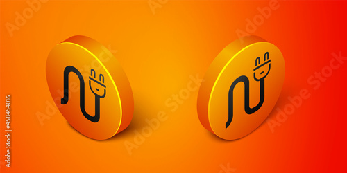 Isometric Electric plug icon isolated on orange background. Concept of connection and disconnection of the electricity. Orange circle button. Vector