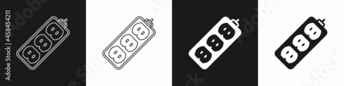 Set Electric extension cord icon isolated on black and white background. Power plug socket. Vector