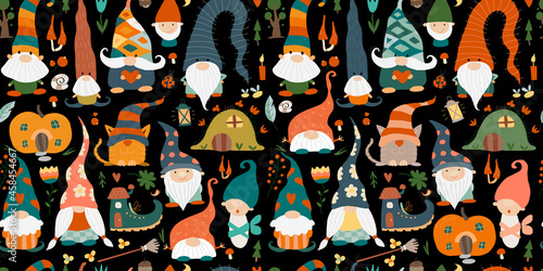 Garden gnomes family. Fairytale characters. Seamless pattern background