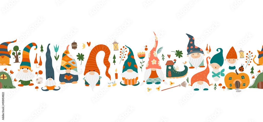 Naklejka premium Garden gnomes family. Fairytale characters. Seamless pattern background