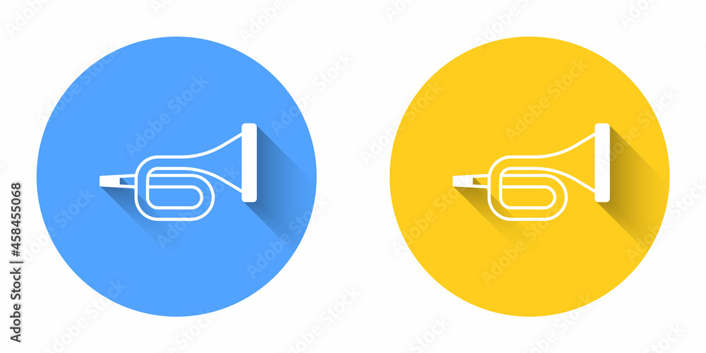 White Musical instrument trumpet icon isolated with long shadow background. Circle button. Vector White Musical instrument trumpet icon isolated with long shadow background. Circle button. Vector