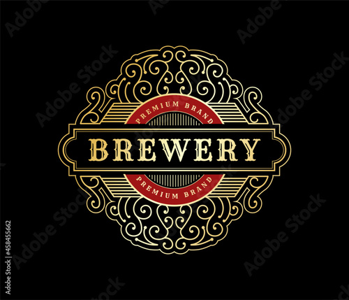 Vintage luxury royal frame labels with typography logo for beer whiskey alcohol drinks bottle box label packaging Engraving vector illustration design template