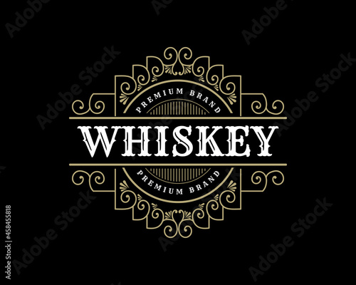 Vintage luxury royal frame labels with typography logo for beer whiskey alcohol drinks bottle box label packaging Engraving vector illustration design template