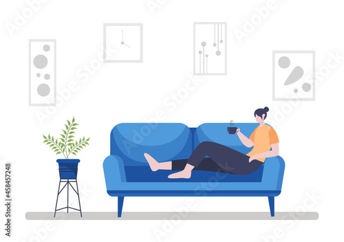 Relax at Home Vector Flat Illustration with People Sitting on the Sofa, Listening To Music, Playing Smartphone or Computer, Drinking Tea, Reading a Book, and Sleeping