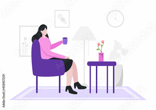 Relax at Home Vector Flat Illustration with People Sitting on the Sofa, Listening To Music, Playing Smartphone or Computer, Drinking Tea, Reading a Book, and Sleeping