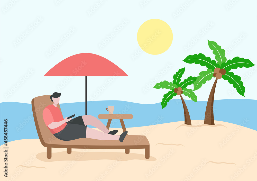 Relax on Chair the Beach and Under the Heat of the Sun While Playing Smartphone and Drinking Cold Drinks Background Vector Illustration