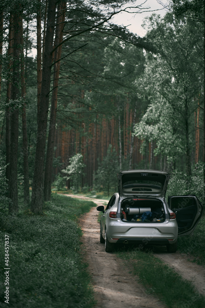 Car with an opened trunk full of stuff for the camping. Concept of family outdoor time in the forest. Modern European vehicle from behind in the woods.