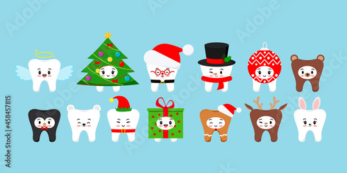 Chistmas cute teeth dental set in carnival costume isolated. Xmas white tooth character santa, deer, elf, christmas ball, tree, angel, giengerbread man, bunny. Flat design cartoon vector illustration.