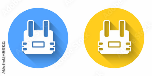 White Bulletproof vest for protection from bullets icon isolated with long shadow background. Body armor sign. Military clothing. Circle button. Vector