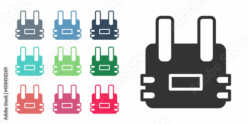 Black Bulletproof vest for protection from bullets icon isolated on white background. Body armor sign. Military clothing. Set icons colorful. Vector