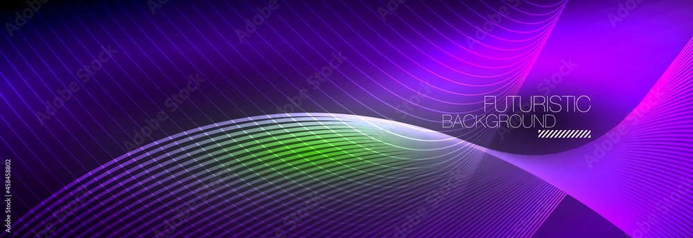 Abstract neon glowing light in the dark with waves. Shiny magic energy and motion concept, vector abstract wallpaper background Abstract neon glowing light in the dark with waves. Shiny magic energy and motion concept, vector abstract wallpaper background