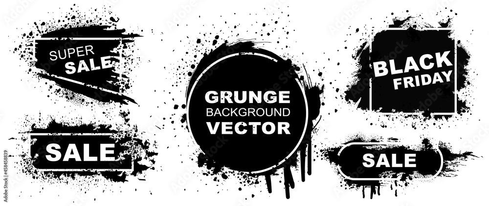 Set of grunge banners.Grunge backgrounds for sale. Spray Paint Vector Elements isolated on White Background, Lines and Drains Black ink splatters, Ink blots set, text frame, Street style. - obrazy, fototapety, plakaty 