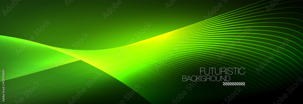 Abstract neon glowing light in the dark with waves. Shiny magic energy and motion concept, vector abstract wallpaper background Abstract neon glowing light in the dark with waves. Shiny magic energy and motion concept, vector abstract wallpaper background