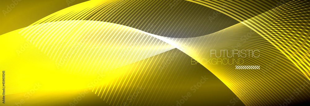 Abstract neon glowing light in the dark with waves. Shiny magic energy and motion concept, vector abstract wallpaper background Abstract neon glowing light in the dark with waves. Shiny magic energy and motion concept, vector abstract wallpaper background
