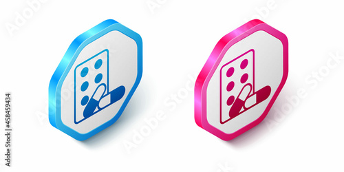 Isometric Sports doping, anabolic drugs with dumbbell icon isolated on white background. Anabolic steroids tablet. Pills in jar. Hexagon button. Vector