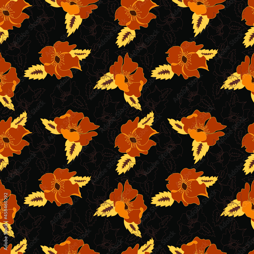 vector seamless pattern contour floral with opened leaves and buds on a contrasting background. Botanical illustration for fabrics, textiles, wallpapers, papers, backgrounds. vector seamless pattern contour floral with opened leaves and buds on a contrasting background. Botanical illustration for fabrics, textiles, wallpapers, papers, backgrounds.