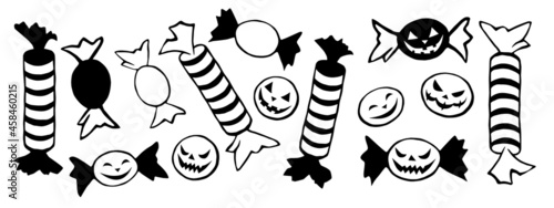 Vector Set of candy in different wrappers in Halloween style. Holiday design elements, clipart. Black and white