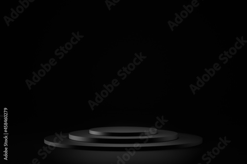 3d render of light circle podium on black background. Abstract background with round pedestal. Empty stage for showing product