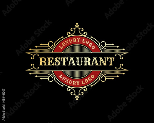 Vintage ornamental logo with floral ornament. Suitable for whiskey, liquor, beer, brewery, wine, barber shop, coffee shop, tattoo studio, salon, boutique, hotel, shop signage engraving illustration