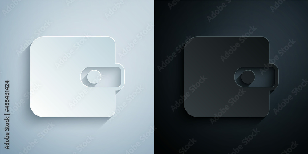 Paper cut Wallet icon isolated on grey and black background. Purse icon. Cash savings symbol. Paper art style. Vector Paper cut Wallet icon isolated on grey and black background. Purse icon. Cash savings symbol. Paper art style. Vector