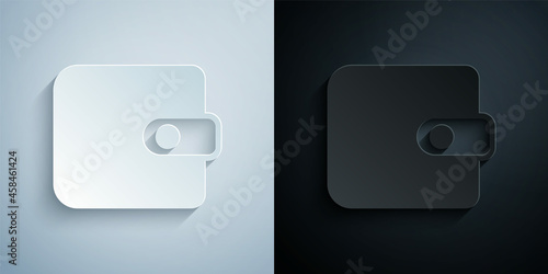 Paper cut Wallet icon isolated on grey and black background. Purse icon. Cash savings symbol. Paper art style. Vector