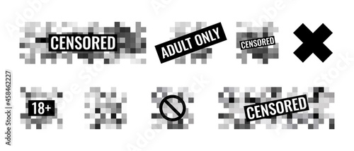 Censored pixel sign flat style design vector illustration set concept isolated on white background. Grayscale pixelated censorship square for prohibition forbidden content.