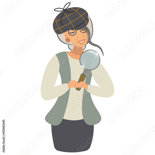 An elderly woman detective. Active lady in a Sherlock Holmes cap with a magnifying glass in the search. Isolated vector illustration with elegant blonde in a detective agency. Vintage flat style.