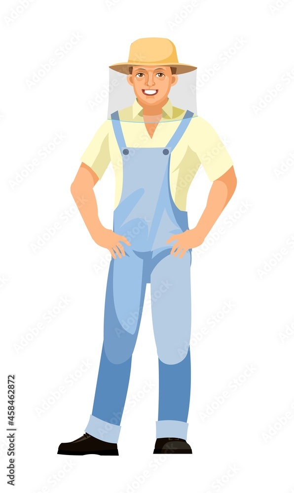 Beekeeper. Isolated on white background. Character in uniform and mesh protective hat. Person is a middle-aged man. Hands on your hips. Business mood. Cute smiles. Vector.