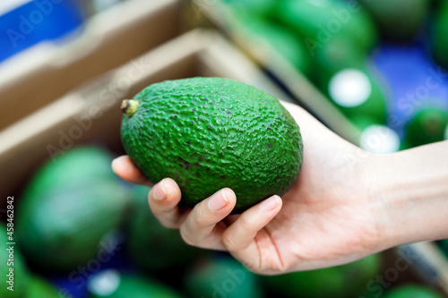 close up Woman choosing green hass avocados in the supermarket photo