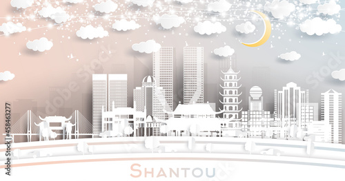 Shantou China City Skyline in Paper Cut Style with White Buildings, Moon and Neon Garland.