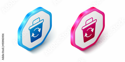 Isometric Recycle bin with recycle symbol icon isolated on white background. Trash can icon. Garbage bin sign. Recycle basket sign. Hexagon button. Vector