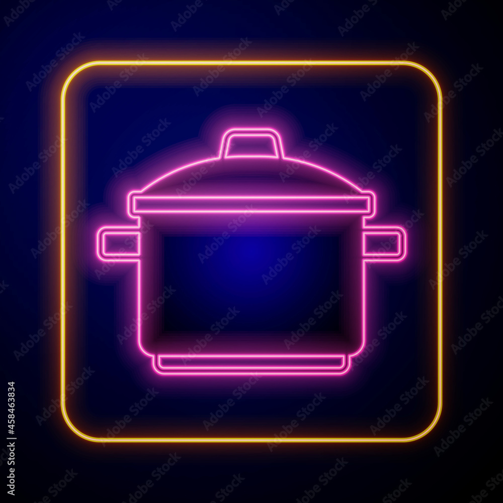 Obraz premium Glowing neon Cooking pot icon isolated on black background. Boil or stew food symbol. Vector