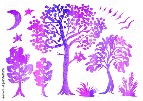 Watercolor artistic multicolor night forest landscape on white background. Doodle and scribble. violet, purple and lilac tree, moon, birds, star, grass and bush for postcard and scrapbooking paper © Andrei
