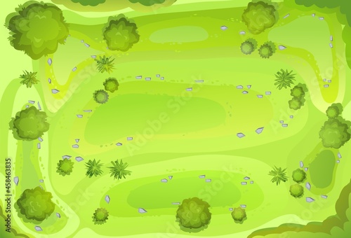 Hilly lawn in the forest. View from above. Countryside rural landscape. Green foliage of trees and shrubs. Top view. Background illustration in cartoon style. Vector.