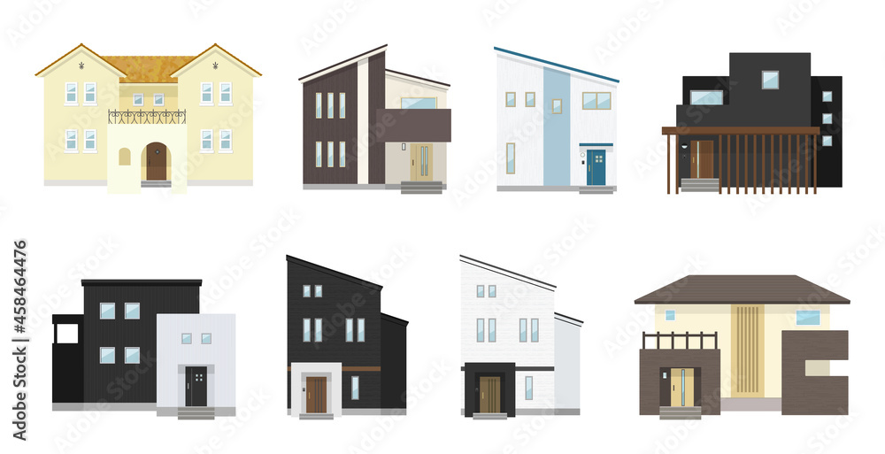 モダンな戸建て住宅のイラスト（セット）