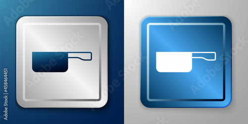 White Frying pan icon isolated on blue and grey background. Fry or roast food symbol. Silver and blue square button. Vector